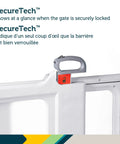 Adjustable White Baby Safety Gate With Dual Mount Capability lock indicator, SecureTech feature for easy locking verification.
