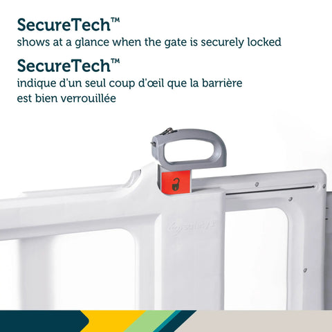Adjustable White Baby Safety Gate With Dual Mount Capability lock indicator, SecureTech feature for easy locking verification.