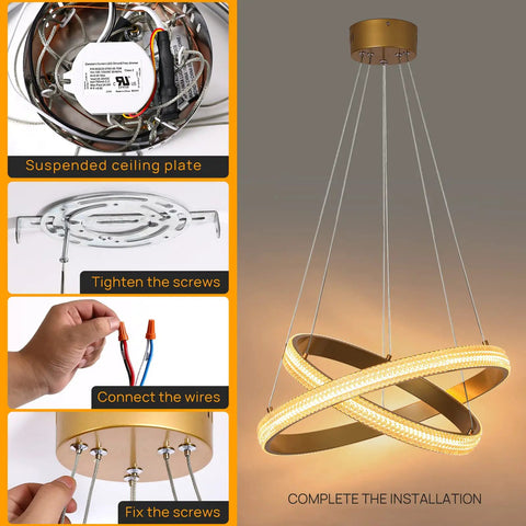 Installation steps for Modern LED Chandelier Dimmable Pendant Light With Two Ring Dope Design for Living Room Dining Room Bedroom Kitchen Island Chrome Finish 17W Energy Efficient Ceiling Fixture