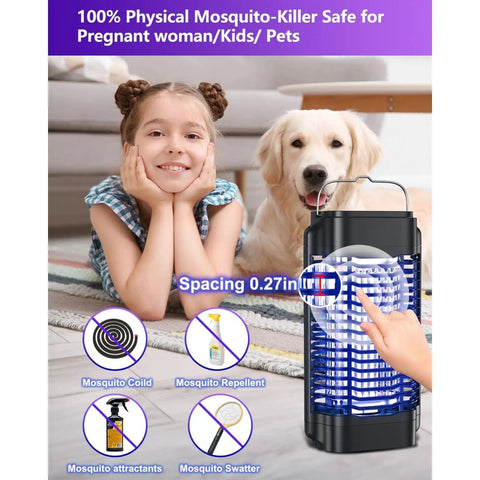 Indoor And Outdoor Bug Zapper Electric Mosquito Trap with blue grid, shown with child and dog, safe for home and camping use.