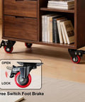 Heavy Duty 2 Inch Caster Wheels With Dual Brakes Silent Polyurethane Swivel Rollers mounted on a wooden cart with a foot brake feature.