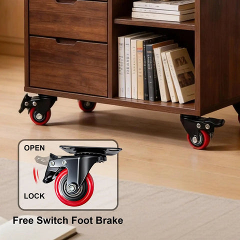 Heavy Duty 2 Inch Caster Wheels With Dual Brakes Silent Polyurethane Swivel Rollers mounted on a wooden cart with a foot brake feature.
