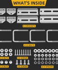 Heavy Duty Galvanized Boat Trailer Bunk Brackets With Swivel Top For Universal Fit On Various Crossmember Sizes Marine Trailers kit contents image showing 8 brackets, 4 U bolts, nuts, screws, and spacers.