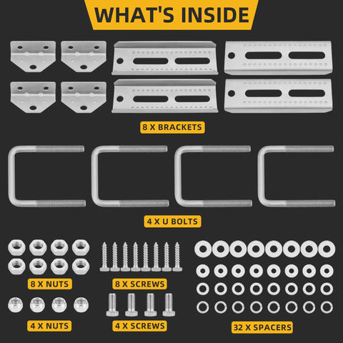 Heavy Duty Galvanized Boat Trailer Bunk Brackets With Swivel Top For Universal Fit On Various Crossmember Sizes Marine Trailers kit contents image showing 8 brackets, 4 U bolts, nuts, screws, and spacers.