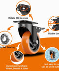 Front view of orange 4-inch heavy-duty polyurethane locking caster wheel with dual brake; set of four.