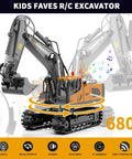 RC excavator toy with orange body and black arm, 680° rotation, lights and sounds