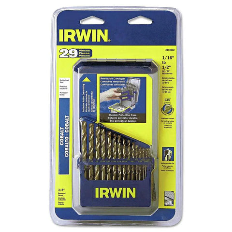 Pro Grade 29-Piece M35 Cobalt Drill Bit Set With 1/16 To 1/2 Inch Increments, 135 Degree Split Point, packaging front view.