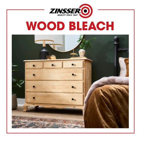 Game Changing Two Step Wood Bleach Kit For Interior Wood To Brighten Lighten stripped surfaces shown with a wooden dresser.