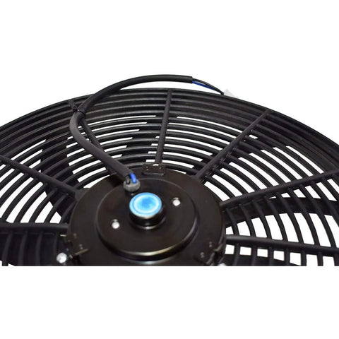 Close-up view of No Sweat Universal 16 Inch Electric Radiator Fan Kit With Reversible S Blade Push Pull Design showing motor and wiring.