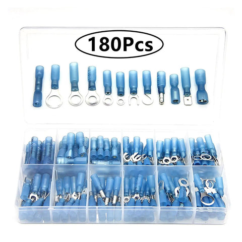 180 Piece Spade Terminals Kit With Insulated Crimp Connectors Heat Shrink Butt Ring Marine Automotive Wire Lugs, 180pcs organizer box