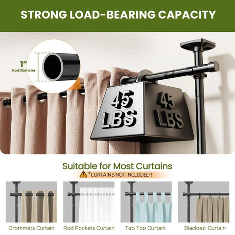 No Drill Room Divider Curtain Rod with 4 to 10 Feet Height and 28 to 140 Inch Width displaying strong 45 lbs load capacity