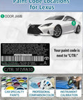 Infographic showing paint code locations for Lexus with car image and paint tools
