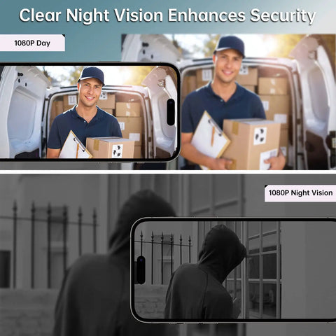 Wireless Battery Powered Doorbell Camera With Chime And Night Vision 1080P HD showing day and night vision capabilities.