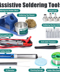 Assistive soldering tools including holder, tip cleaner, nozzle set, tweezers, sucker, extractor, and cleaning sponge.