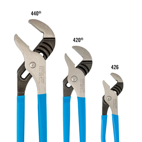 3 Piece Tongue And Groove Pliers Set With Laser Heat Treated Teeth For Lock Tight Grip Built Tough In High Carbon Steel, sizes 440, 420, 426