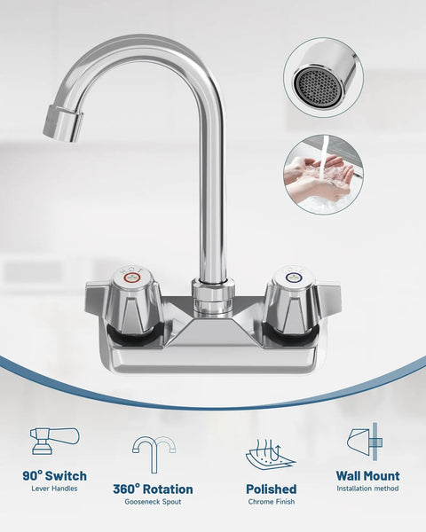 Commercial Wall Mount Kitchen Faucet With Two Handles 4 Inch Center Set Swivel Gooseneck Spout Chrome Finish Utility Laundry Restaurant