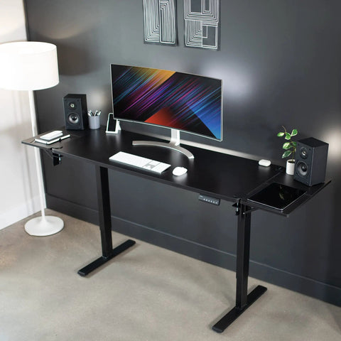 Boss Move Heavy Duty Clamp On Desk Extender With Foldable Keyboard Tray And Padded Wrist Support Expands Workspace For Sit Stand Tables Smooth Setup All Day Grind Black attached to a sleek black desk.