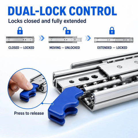 Heavy Duty Drawer Slides 500 Lb Full Extension Side Mount Rails For Tool Boxes And Workbenches, 2.5 Mm Cold Rolled Steel Construction, Smooth Quiet Glide, Ultra Durable Heavy Load Storage Drawers; dual-lock control and blue release latch