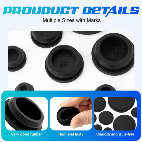 125 Piece Rubber Plugs For Round Holes Set In Assorted Sizes Premium Black Silicone Hole Plugs in various sizes displayed.