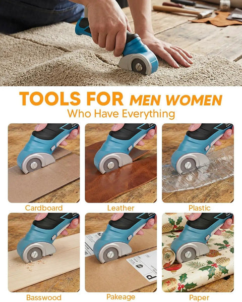 Cardboard Cutter Cordless Electric Scissors For Easy Cardboard And Paper Cuts, 300 RPM, Quarter Inch Cutting Capacity, Self Sharpening Blade, slices cardboard, leather, plastic, and paper