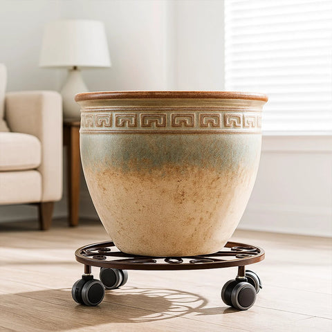 Large ceramic pot on Three Pack Heavy Duty Metal Plant Caddies With Wheels 13.5 Inch Rolling Plant Stand Dollies indoors