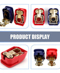Two Pack Quick Release Cable Terminal Connectors for Cars with blue and red covers, snap on off, dust and water shield