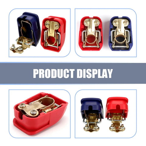 Two Pack Quick Release Cable Terminal Connectors for Cars with blue and red covers, snap on off, dust and water shield