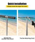 31 Inch Boat Sand Anchor Crafted From 316 Stainless Steel showing quick installation instructions on sandy beach.