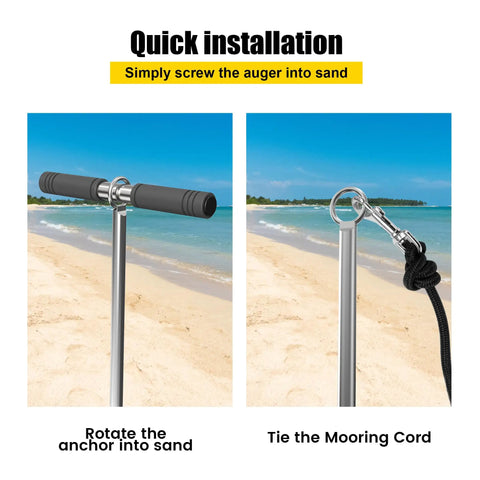 31 Inch Boat Sand Anchor Crafted From 316 Stainless Steel showing quick installation instructions on sandy beach.