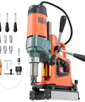 VEVOR magnetic drill press, 2-in bore, 1400W, 0-750 RPM, reversible, orange/green with 6 bits