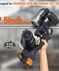 Cordless Metal Bandsaw With Brushless Motor, 20V Max, Two And A Half Inch Cutting Capacity, Six Speeds, shown in use for overhead cut