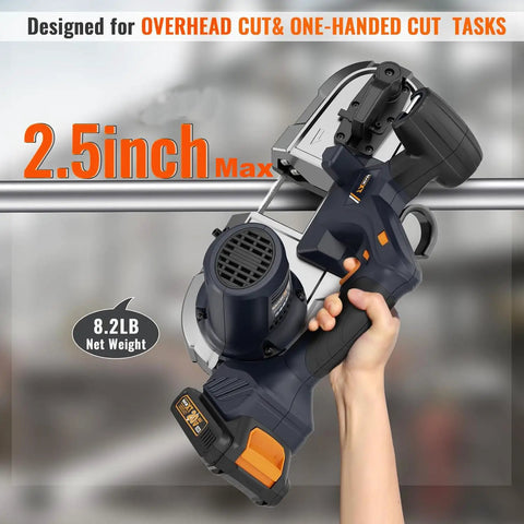 Cordless Metal Bandsaw With Brushless Motor, 20V Max, Two And A Half Inch Cutting Capacity, Six Speeds, shown in use for overhead cut