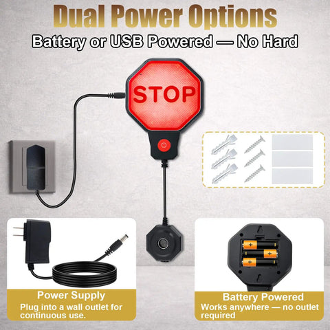LED Garage Parking Sensor With Real Time Distance Display Green Yellow Red Ultrasonic Car Stop Indicator Adjustable Stop Distance From 6 Inches To 6 Feet Battery Or Power No Drill Wall Mount For Home Garage showing dual power options.