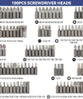 Super Cool 100 Piece Screwdriver Bit Kit With Cr-V Steel, Phillips Slotted Hex Torx Star Tamperproof And More For Drills And Impact Drivers To Crush Any Home Project Or Repair Job Out There Today, 100-piece bit set layout