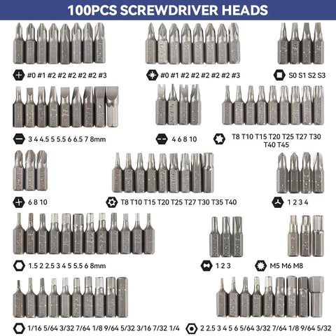 Super Cool 100 Piece Screwdriver Bit Kit With Cr-V Steel, Phillips Slotted Hex Torx Star Tamperproof And More For Drills And Impact Drivers To Crush Any Home Project Or Repair Job Out There Today, 100-piece bit set layout