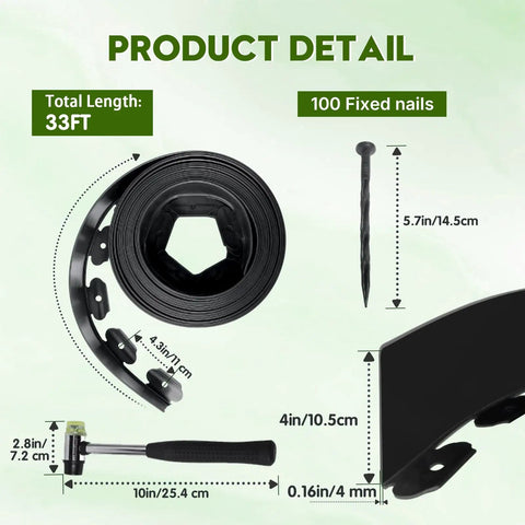 Landscape Edging Kit 33 Foot Roll 4 Inch Plastic Garden Edging with 100 spikes, showing product details and measurements.