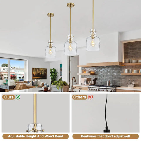 Industrial Pendant Light Trio For Kitchen Island 3 Light Glass Pendant Fixture With Seeded Shade Adjustable Cord Black Finish