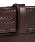 Close-up of 100 Percent Full Leather Belt With Dope Hoof Pick Style Buckle, Handcrafted By Amish In Lancaster County PA, showing stitching details.