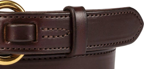 Close-up of 100 Percent Full Leather Belt With Dope Hoof Pick Style Buckle, Handcrafted By Amish In Lancaster County PA, showing stitching details.