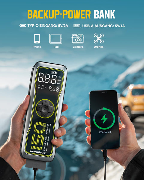 Portable Tire Inflator With 16000mAh Battery 150 PSI Air Pump Delivers 35 Liters Per Minute For Cars, Motorcycles, Bikes And Sports Balls Auto Shut Off Large LED Display Built In LED Light 12V DC shown next to charging phone with car in the background.