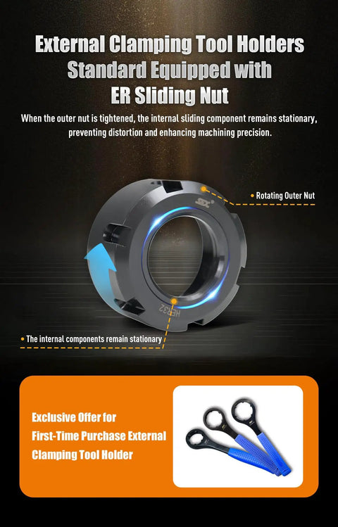 Image of 0 Degree External Clamping Driven Tool Holder for CNC Lathe with ER32, featuring rotating outer nut and stationary internal components.