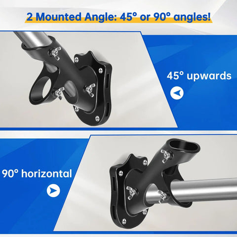 Upgraded 5 Ft Stainless Steel Flagpole Kit With Rock Solid Outdoor Bracket And Smooth 360 Swivel Rings Built Tough showing 45 and 90 degree mounting options.