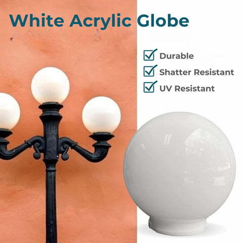 6 Inch White Acrylic Replacement Globe For Ceiling Lights, Wall Fixtures, Lamp Posts, And Streetlights, Opaque Globe Cover With 3.33 Inch Outer Neck And 2.99 Inch Inner Neck Fit For Outdoor And Indoor Use