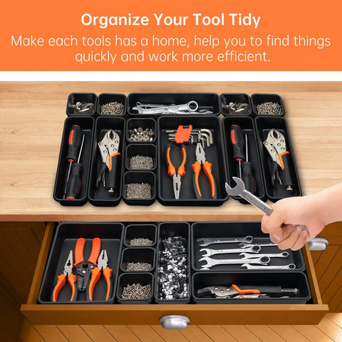 45 Pack Tool Box Organizer Trays And Dividers For Drawer And Toolbox Garage Storage Set with tools and parts in use