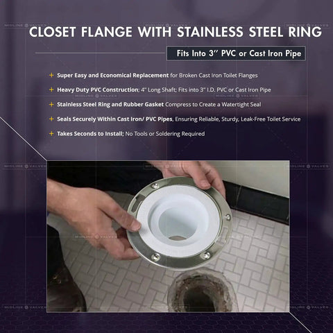 Superior Grade Heavy Duty Closet Flange Replacement With Stainless Steel Ring And Thick Rubber Gasket, 4 inch shaft, fits 3 inch PVC.