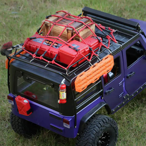 RC Crawler Accessories Kit For One Tenth Scale Rigs With Roof Box Wood Box Luggage Net Fuel Box Shovel Fire Extinguisher Recovery Board And Storage Tank For Off Road Crawlers Gear Up installed on model truck