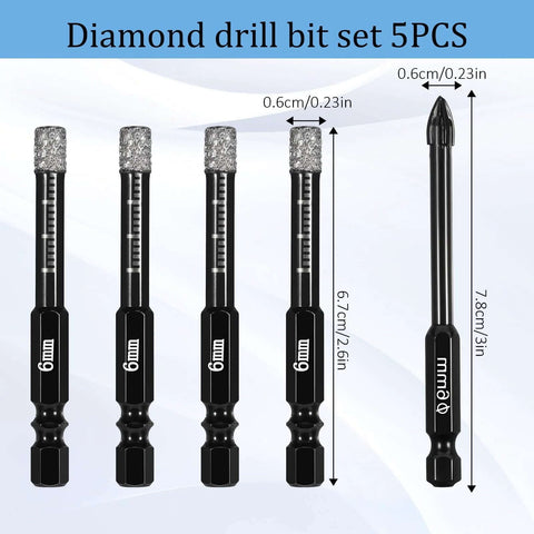 Five 6mm dry diamond drill bits set for tile/stone; vacuum-brazed, black with diamond tips (Amazon)