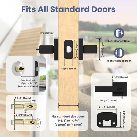 Diagram showing Six Pack Matte Black Interior Door Handles Set with Keyless Privacy Levers on standard door measurements