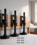Beefy Adjustable Furniture Leveling Feet 4 Pack Extra Thick Built Different Zero Wobble Support Base mounted on a wooden headboard.