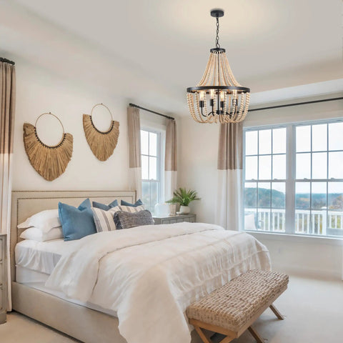 Fab Boho Wooden Bead Chandelier With Large Two Layer Maple Beads 4 Light Farmhouse Pendant Light in airy bedroom.
